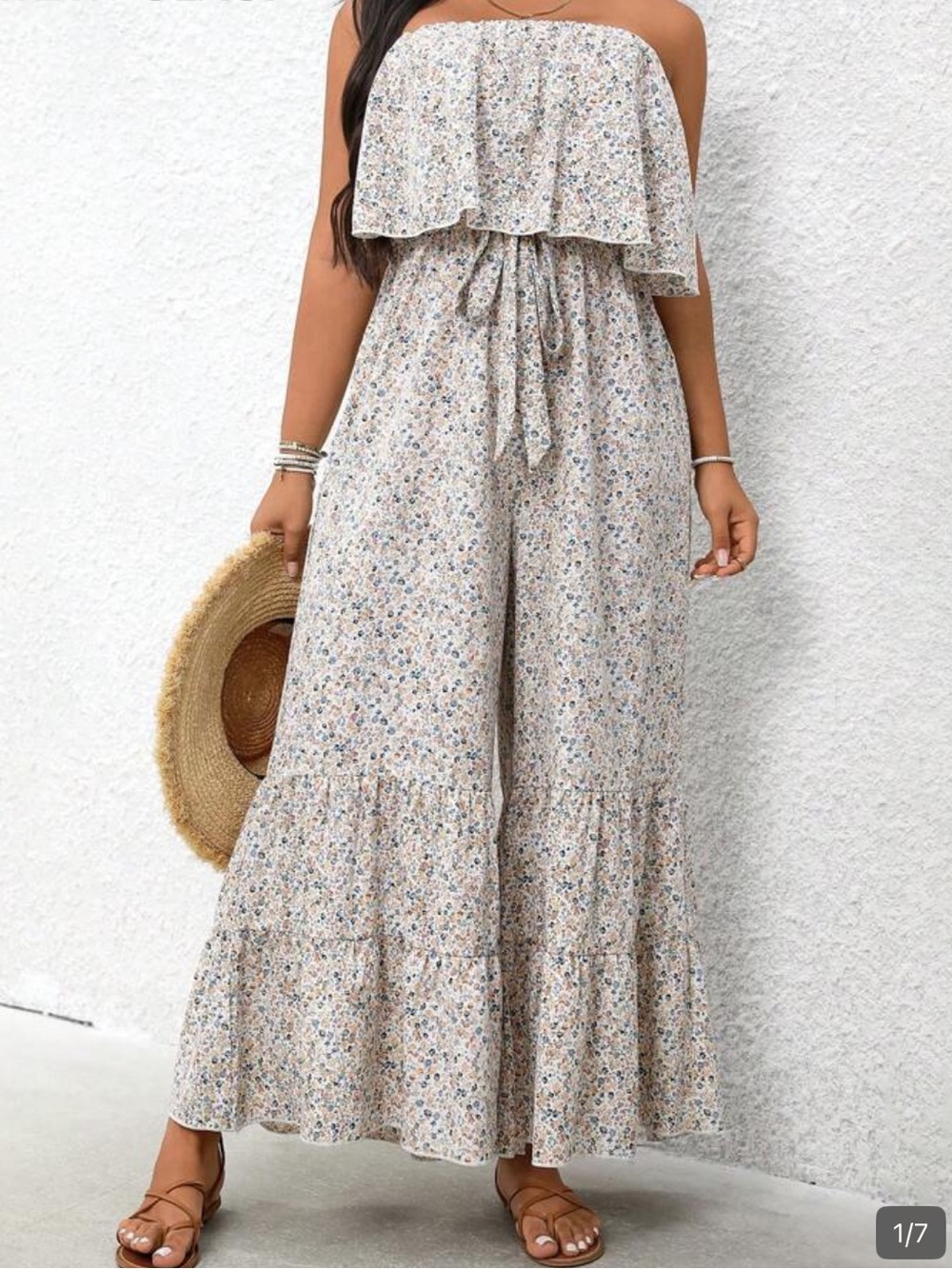 Strapless Floral Wide-Leg Jumpsuit in Cream and Blue